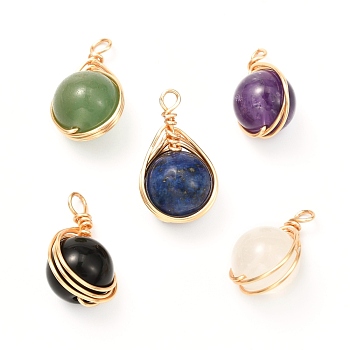 Natural & Synthetic Gemstone Pendants, Eco-Friendly Copper Wire, Real 18K Gold Plated, Round, 24x15x12mm, Hole: 3.2mm