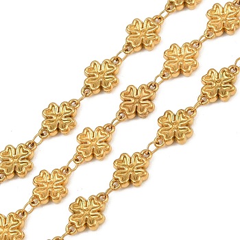 5M 304 Stainless Steel Four Leaf Clover Link Chains, Soldered, with Spool, Ion Plating(IP), Long-Lasting Plated, Real 18K Gold Plated, 11x8x2.5mm, about 16.40 Feet(5m)/Roll