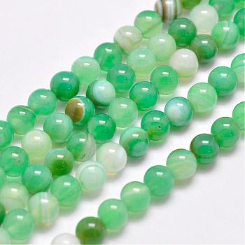 Natural Striped Agate/Banded Agate Bead Strands, Dyed & Heated, Round, Grade A, Spring Green, 6mm, Hole: 1mm, about 63pcs/strand, 14.7 inch(375mm)