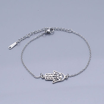 201 Stainless Steel Link Bracelets, with Lobster Claw Clasps, Hamsa Hand, Stainless Steel Color, 6-3/4 inch~6-7/8 inch(17.2~17.3cm)