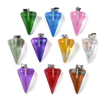 Spray Painted Glass Pendants, with Platinum Iron Loop, Cone, Mixed Color, 26.5x15.5x13.5mm, Hole: 7.5mm