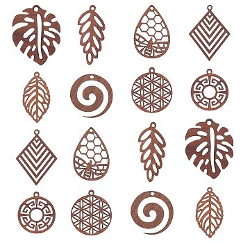 16Pcs 8 Styles Natural Wood Pendants, Undyed, Hollow Geometric Charms, Mixed Shapes, Coconut Brown, 25~34x16~25x2.5mm, Hole: 1.6mm, 2pcs/style