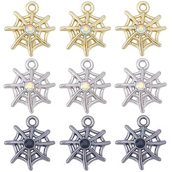30Pcs 3 Colors Alloy Pendant, with Glass, Lead Free & Cadmium Free, Spider Net Charms, Mixed Color, 16x14.5x4.5mm, Hole: 1.5mm, 10Pcs/color