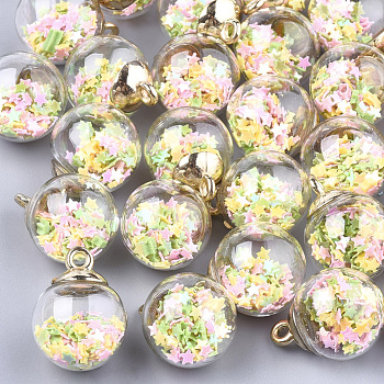 Glass Ball Pendants, with Glitter Sequins and CCB Plastic Findings, Round with Star, Colorful, 21x15.5~16mm, Hole: 2mm