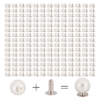 200 Sets ABS Plastic Imitation Pearl Rivet Studs, with Iron Findings, White, 6mm, Finding: 4x5mm