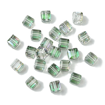 100Pcs Transparent Electroplate Glass Beads, Half Rainbow Plated, Faceted, Cube, Pale Green, 7x7x7mm, Hole: 1.6mm