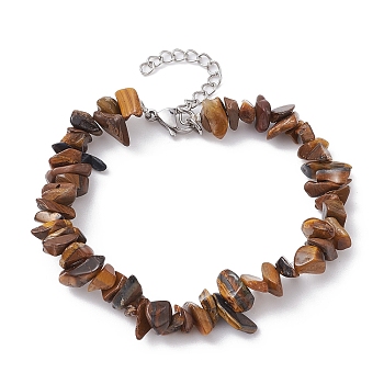Natural Tiger Eye Chips Beaded Bracelet, with 304 Stainless Steel Clasps, 7-1/8 inch(18cm)