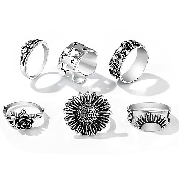 6Pcs 6 Styles Retro Floral Alloy Finger Rings, Bohemia Style Rings for Women, Antique Silver, Inner Diameter: 16.9~18.9mm