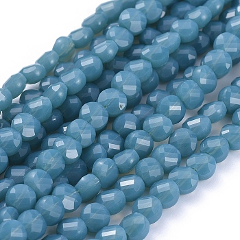 Glass Beads Strands, Faceted, Flat Round, Steel Blue, 6x4mm, Hole: 1.2mm, about 98pcs/Strand, 22 inch(53.5cm)