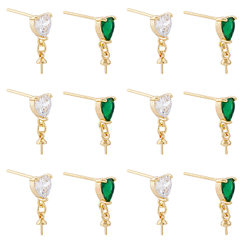 12Pcs 2 Colors Brass Glass Rhinestone Stud Earrings Findings, with 925 Sterling Silver Pins Cup Peg Bails, Real 18K Gold Plated, Heart, for Half Drilled Beads, Mixed Color, 16.5x6mm, Pin: 0.8mm and 0.6mm, 6Pcs/color
