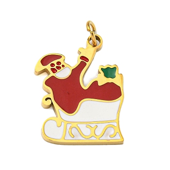 Christmas Theme Ion Plating(IP) 304 Stainless Steel Pendants, with Enamel and Jump Ring, Golden, Santa Claus, 17x12.5x1.5mm, Hole: 2.5mm