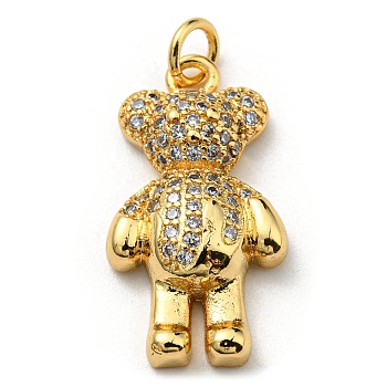 Brass with Cubic Zirconia Pendants, Long-Lasting Plated, Lead Free & Cadmium Free, Real 18K Gold Plated, Bear, Clear, 22.5x12.5x4.5mm, Hole: 3mm