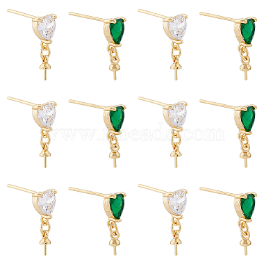 Real 18K Gold Plated Heart Brass+Cubic Zirconia Stud Earring Findings