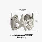 304 Stainless Steel Open Cuff Rings for Women, Starfish & Conch Shape & Shell Shape, Stainless Steel Color, 18mm(WGB3F15-02)