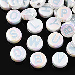 UV Plating Enamel Acrylic Beads, Iridescent, Mixed Letter, Flat Round, Light Blue, 15x7mm, Hole: 2.2mm(PACR-N015-01D)