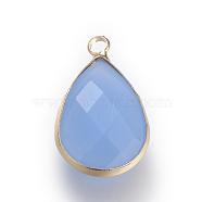 Glass Pendants, with Brass Findings, Faceted, Drop, Light Gold, Cornflower Blue, 18x10.5x4.5mm, Hole: 1.8~2.3mm(GLAA-S110-B-16)