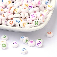 Initial Acrylic Horizontal Hole Beads, Mixed Letters, Flat Round, White, 7x4mm, Hole: 1.3mm, about 3500pcs/Bag(OACR-E001-20)