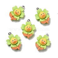 Opaque Resin Pendants, with Platinum Tone Iron Loops, Flower with Duck, Green Yellow, 26x18x8.5mm, Hole: 2mm(X-RESI-D055-081P)
