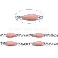 Handmade Enamel Beaded Chains, with Stainless Steel Curb Chains and Spool, Soldered, Stainless Steel Color, Light Salmon, 1.5x1x0.1mm, about 32.8 Feet(10m)/roll(CHS-I007-06P-04)