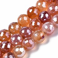 Natural Agate Beads Strands, Pearl Luster Plated, Faceted, Round, Dark Salmon, 12mm, Hole: 1.6mm, about 30~33pcs/strand, 13.70~15.75 inch(34.8~40cm)(G-Q998-014E)