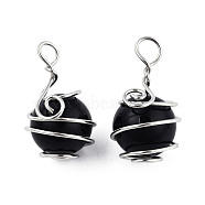 Natural Obsidian Pendants, with Platinum Plated Brass Wire Wrapped, Round Charm, 28.5~34x18.5~20x17~19mm, Hole: 4~5.5mm(G-N333-013F)