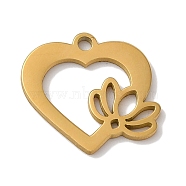 304 Stainless Steel Charms, Laser Cut, Heart with Lotus Charm, Real 18K Gold Plated, 12x13x1mm, Hole: 1mm(STAS-U010-02G)