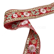 10 Yards Embroidery Flower Polyester Ribbon, Clothes Accessories, Red, 1-5/8 inch(40mm)(PW-WG22962-01)