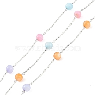 304 Stainless Steel & Dyed Shell Handmade Round Beads Chain, Soldered, with Spool, Stainless Steel Color, Mixed Color, 4mm(CHS-H028-04B-01)