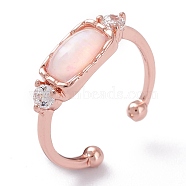 Brass Micro Pave Clear Cubic Zirconia Cuff Rings, Open Rings, with Natural Pink Opal, Rectangle, Rose Gold, US Size 6 1/4(16.7mm)(RJEW-P020-09RG)