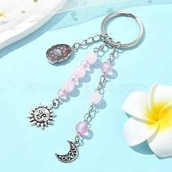 Glass & Alloy & Natural Strawberry Quartz Keychain, with Iron Rings, 11.8cm(KEYC-YW00146-02)