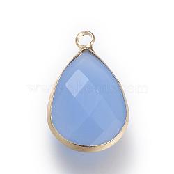 Glass Pendants, with Brass Findings, Faceted, Drop, Light Gold, Cornflower Blue, 18x10.5x4.5mm, Hole: 1.8~2.3mm(GLAA-S110-B-16)