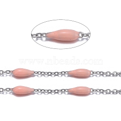 Handmade Enamel Beaded Chains, with Stainless Steel Curb Chains and Spool, Soldered, Stainless Steel Color, Light Salmon, 1.5x1x0.1mm, about 32.8 Feet(10m)/roll(CHS-I007-06P-04)