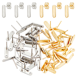 60Pcs 2 Colors 304 Stainless Steel Stud Earring Findings, with Holes and 201 Stainless Steel Ear Nuts/Earring Backs, Rectangle, Golden & Stainless Steel Color, 12x3.5mm, Hole: 1.4mm, Pin: 0.8mm, 30Pcs/color(STAS-DC0010-12)