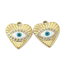 Ion Plating(IP) 304 Stainless Steel Rhinestone Pendants, with Enamel, Heart with Evil Eye Charm, Golden, White, 17x16x3mm, Hole: 1.9mm(STAS-E207-01G-01)
