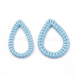 Handmade Spray Painted Reed Cane/Rattan Woven Linking Rings, For Making Straw Earrings and Necklaces,  Dyed, Pearlized Effect, teardrop, Sky Blue, 47~52x27~35x4~5mm, inner measure: 34~40x17~24mm(WOVE-N007-05C)