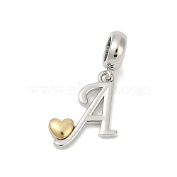 Brass European Dangle Charms, Heart Letter Large Hole Pendants, Platinum & Golden, Letter A, 25.5~30.5mm, Hole: 6mm(KK-Z097-01A-GP)