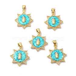 Rack Plating Brass Micro Pave Cubic Zirconia with Synthetic Opal Pendants, with Jump Ring, Lead Free & Cadmium Free, Long-Lasting Plated, Sun with Saint, Real 18K Gold Plated, 22x20x3.8mm, Hole: 5x3.6mm(KK-D088-10G)