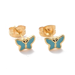 Enamel Butterfly Stud Earrings with 316L Surgical Stainless Steel Pins, Gold Plated 304 Stainless Steel Jewelry for Women, Dark Turquoise, 7.5x5.5mm, Pin: 0.7mm(EJEW-P204-04G-02)