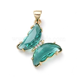 Brass Micro Pave Clear Cubic Zirconia Pendants, with Glass, Butterfly, Golden, Teal, 24x21.5x4mm(ZIRC-P079-D01-12)