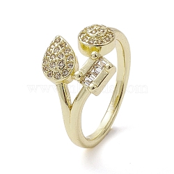 Rack Plating Brass Micro Pave Cubic Zirconia Open Cuff Rings, Rectangle & Teardrop, Real 18K Gold Plated, Inner Diameter: 16.8mm(RJEW-K257-08G)