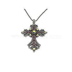 Cross Rhinestone Pendant Necklaces, with Antique Silver Alloy Ball Chains, Light Siam, 27.56 inch(70cm)(FK0815-6)