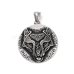 304 Stainless Steel Pendants, Flat Round with Wolf, Antique Silver, 43x38x6mm, Hole: 4x8mm(STAS-J039-13AS)