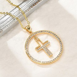 Brass Micro Pave Clear Cubic Zirconia Ring Pendant Necklaces, Real 18K Gold Plated, Cross, 16.93 inch(43cm)(NJEW-P322-A02-G)