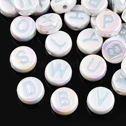 UV Plating Enamel Acrylic Beads, Iridescent, Mixed Letter, Flat Round, Light Blue, 15x7mm, Hole: 2.2mm(PACR-N015-01D)