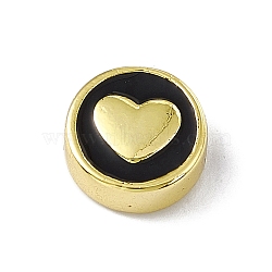 Brass Enamel Beads, Long-Lasting Plated, Cadmium Free & Lead Free, Real 18K Gold Plated, Flat Round with Heart, Black, 11x4.5mm, Hole: 1.8mm(KK-F814-06G-02)