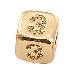 Brass Micro Pave Cubic Zirconia Beads, Cube with Number, Clear, Golden, Num.3, 8.5x8.5x8.5mm, Hole: 3.5mm(ZIRC-L091-021G-03)