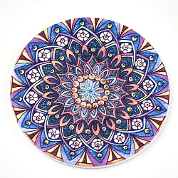 Printed Wooden Big Pendants, Dyed, Flat Round with Flower, Colorful, 60x2.5mm, Hole: 1.5mm(X-WOOD-S042-43)