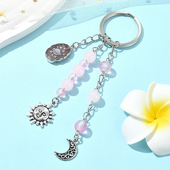 Glass & Alloy & Natural Strawberry Quartz Keychain, with Iron Rings, 11.8cm