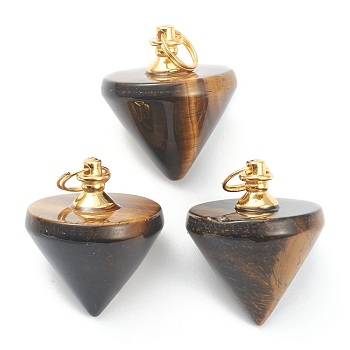 Natural Tiger Eye Pendants with Golden Brass Findings, Circular Cone, 32~34.5x27.5~28mm, Hole: 8.2mm
