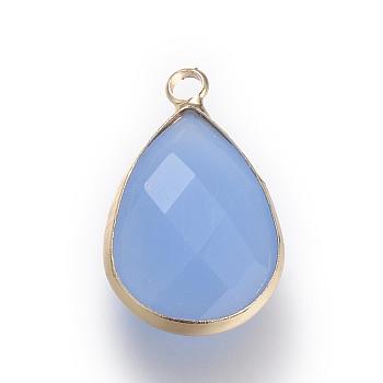 Glass Pendants, with Brass Findings, Faceted, Drop, Light Gold, Cornflower Blue, 18x10.5x4.5mm, Hole: 1.8~2.3mm